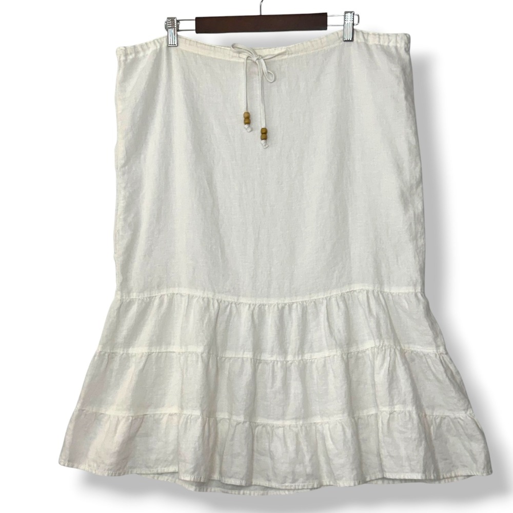Merona 100% Linen Skirt M 10 White Tiered Drawstring Midi Boho Coastal Beach